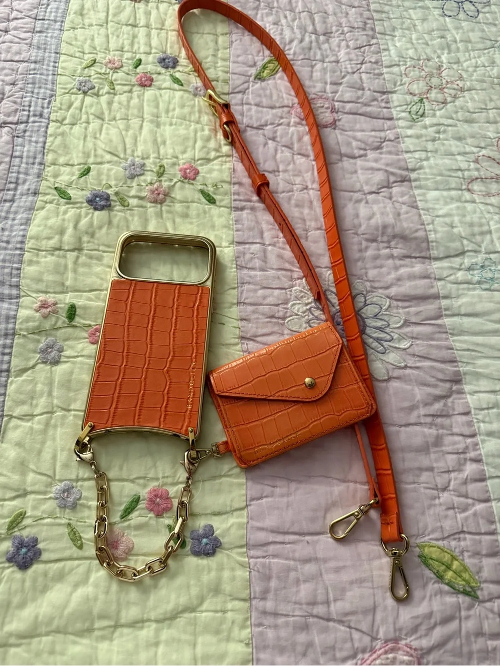 Bandolier Orange Croc-Embossed Gold-Accent Phone case and pouch Crossbody .